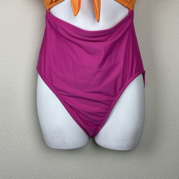 Tabitha Brown Target Swimsuit M Colorblock Puff Sleeve Open Front Tie One Piece - Picture 3 of 8